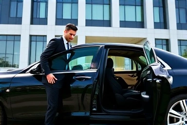 Professional chauffeur assisting executive from luxury car.
